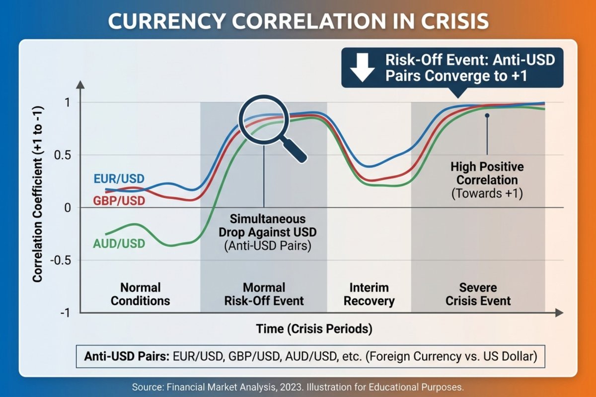 El estrechamiento de las relaciones entre pares en una ventana de estrés — los pares con un factor dólar común pierden en las mismas sesiones; el gráfico muestra la dirección del fenómeno, no un valor aplicable en ninguna ventana concreta