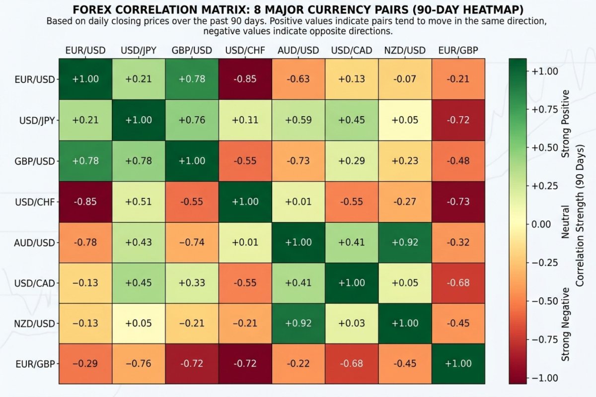 La matriz de correlación de ocho pares (siete majors y EUR/GBP) sobre rendimientos logarítmicos diarios — valores ilustrativos con una ficha de medición: periodo 28 mayo – 30 sep 2025, 89 observaciones de rendimiento, medido el 30 sep 2025; para la aritmética de cartera requieren trasladar el signo según las direcciones de las posiciones