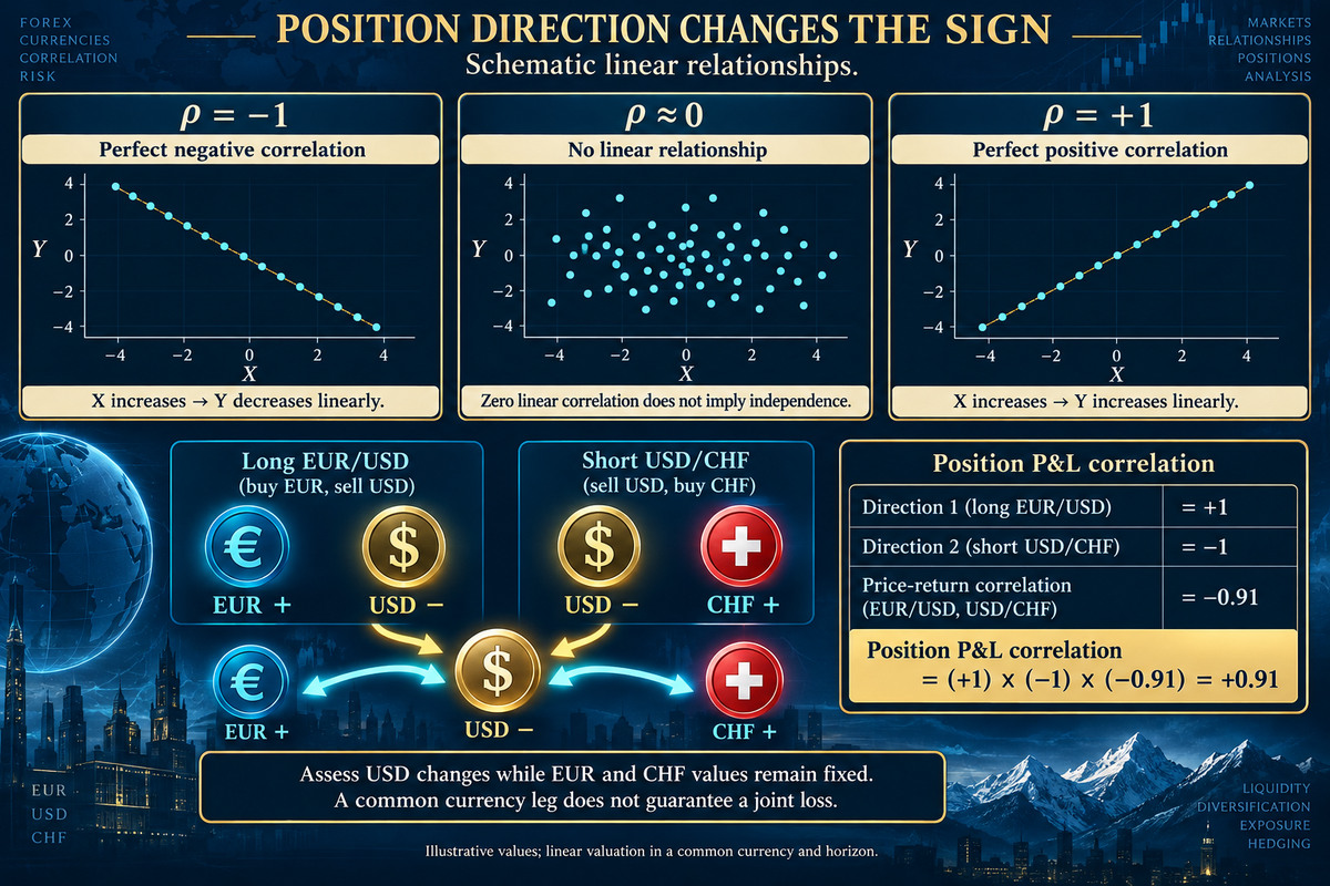 La escala de correlación de −1 a +1 con ejemplos de pares: EUR/USD y USD/CHF (fuertemente negativa), EUR/USD y GBP/USD (fuertemente positiva), AUD/JPY y EUR/CHF (cercana a cero). Valores ilustrativos — sin un periodo, frecuencia, transformación y número de observaciones, ninguna de estas lecturas es un dato de medición