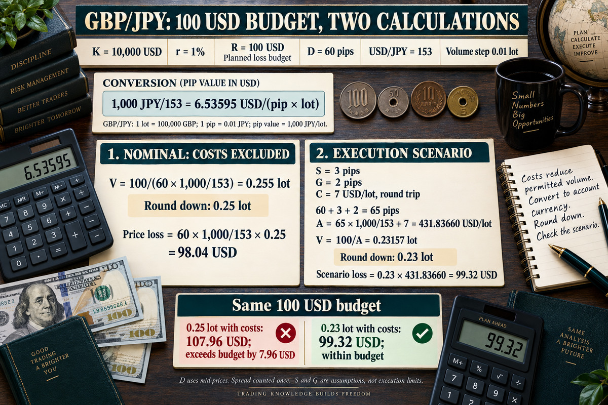 El orden del calculo bajo una fraccion fija del equity: equity → porcentaje de riesgo → distancia de salida en pips → valor del pip tras la conversion → volumen bruto → volumen tras el redondeo hacia abajo