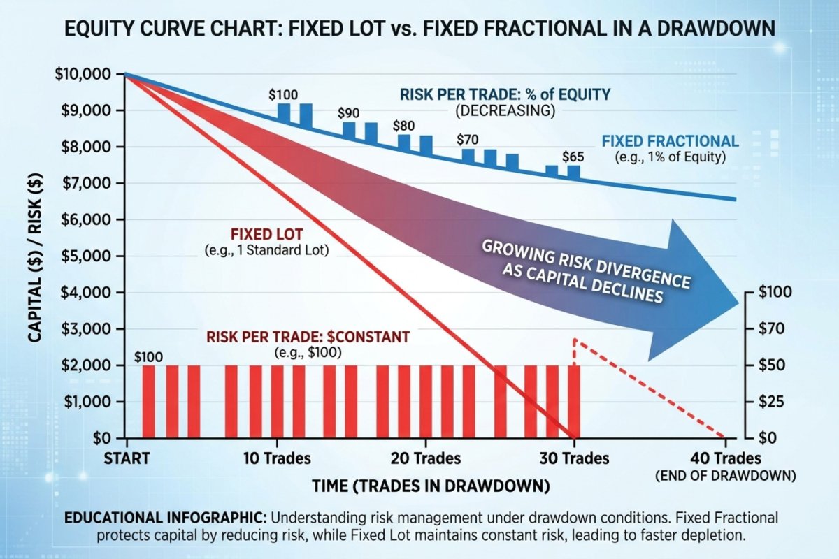Volumen fijo frente a una fraccion fija bajo un equity decreciente – con un volumen fijo el porcentaje de riesgo sube junto con el drawdown, mientras que con una fraccion fija el porcentaje de riesgo se mantiene igual hasta que el volumen se redondea hacia abajo y hacia abajo hasta el umbral del volumen minimo, por debajo del cual la regla deja de funcionar