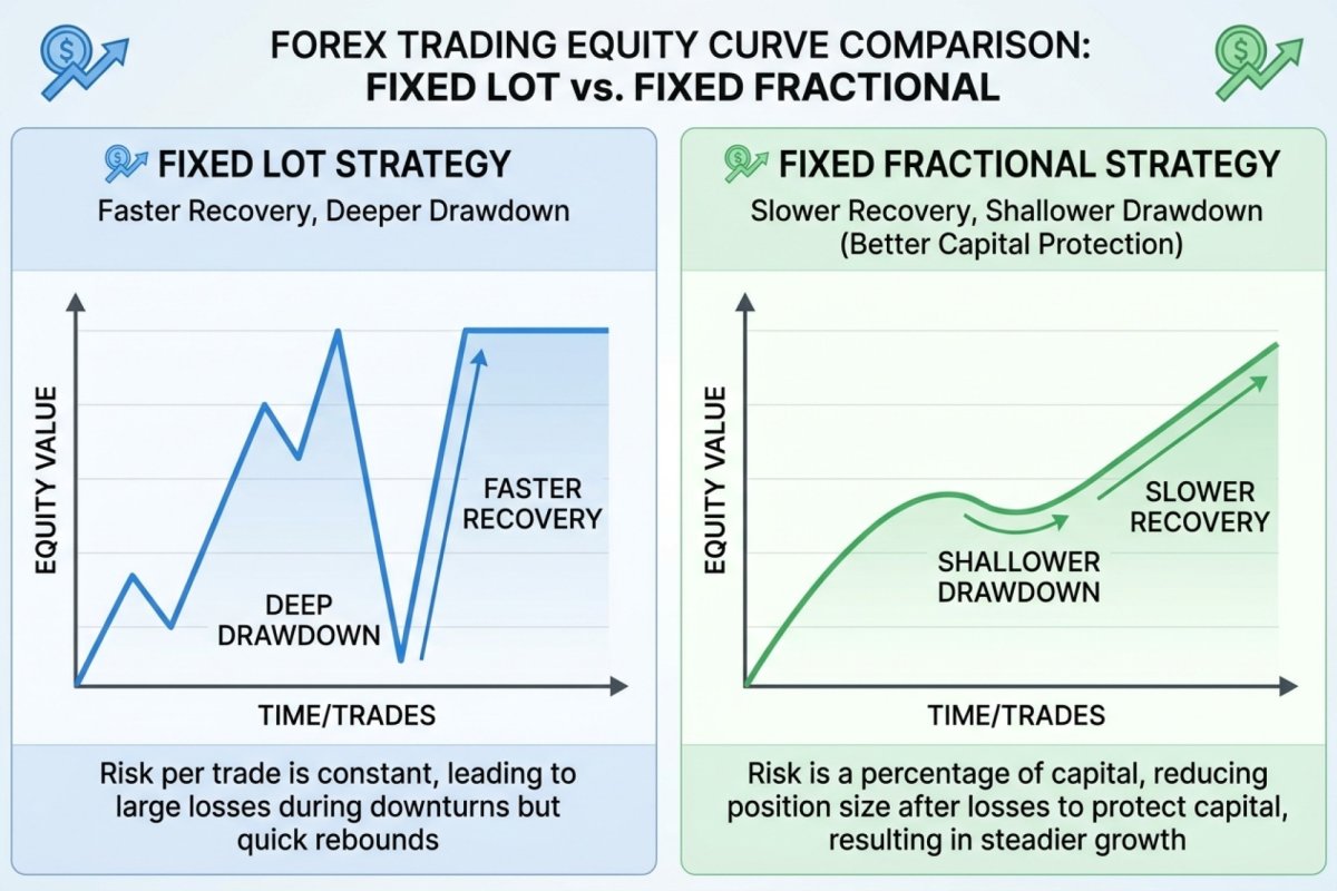 Dos trayectorias de capital a partir de la misma serie de resultados — un diagrama esquemático: con un importe de riesgo en efectivo fijo el drawdown es más profundo y el retorno más rápido; con un porcentaje fijo del capital actual el drawdown es más superficial y el retorno más largo