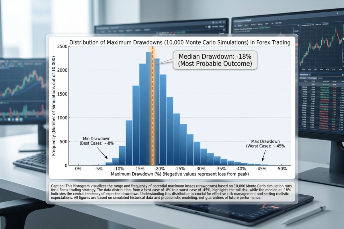 La distribución del drawdown máximo de la simulación: un histograma de valores en todas las ejecuciones, con la mediana y el percentil 95 marcados — valores ilustrativos para los parámetros de entrada dados; más allá del percentil 95 el cálculo no acota la pérdida