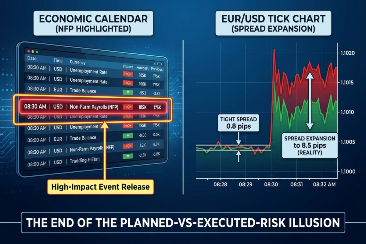 Ensanchamiento del spread en EUR/USD en una ventana de publicación de datos – la misma distancia de la salida de protección cuesta más entonces; el calendario de publicaciones y el carácter de cada lectura los describe la sección 6