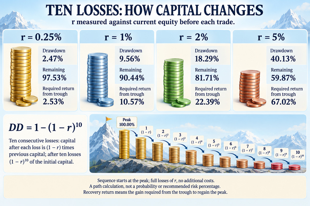 Drawdown del capital tras una racha de pérdidas con riesgo del 0.25% al 5% por operación – los mismos números que en la tabla anterior, valores brutos, con ejecución al precio de la salida de protección; el coste de ejecución de la sección 4 eleva la pérdida por unidad, y el drawdown se calcula a partir de ese valor mayor y no multiplicando un resultado terminado
