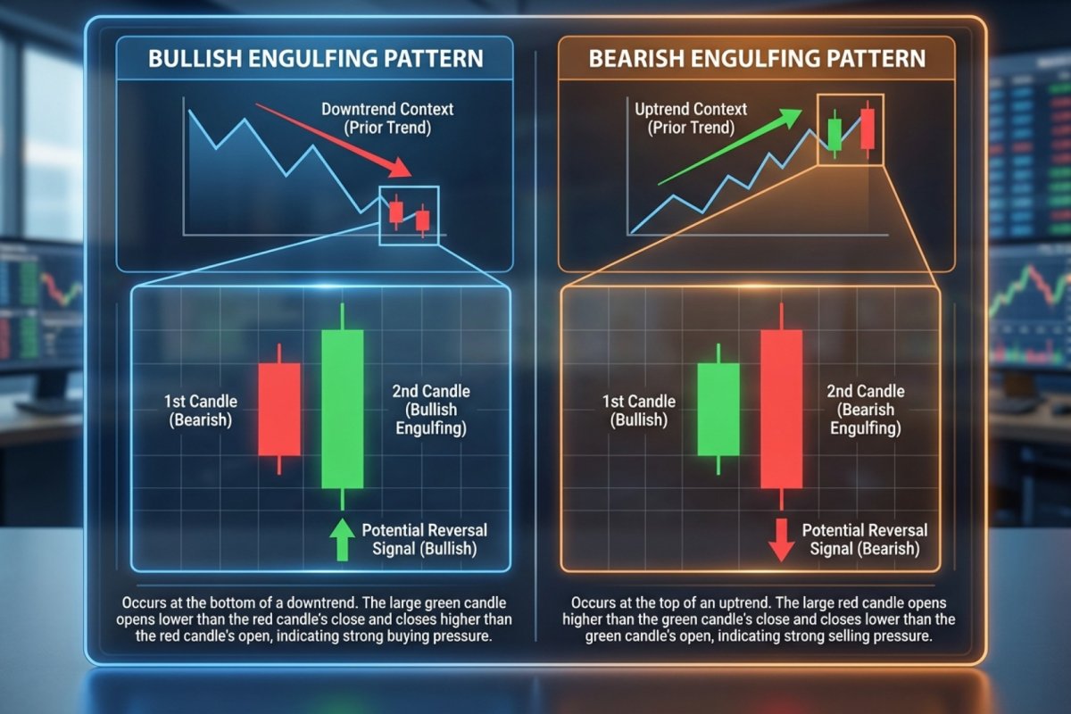 Patrón envolvente alcista y envolvente bajista – diagrama de dos velas con indicación del contexto de tendencia