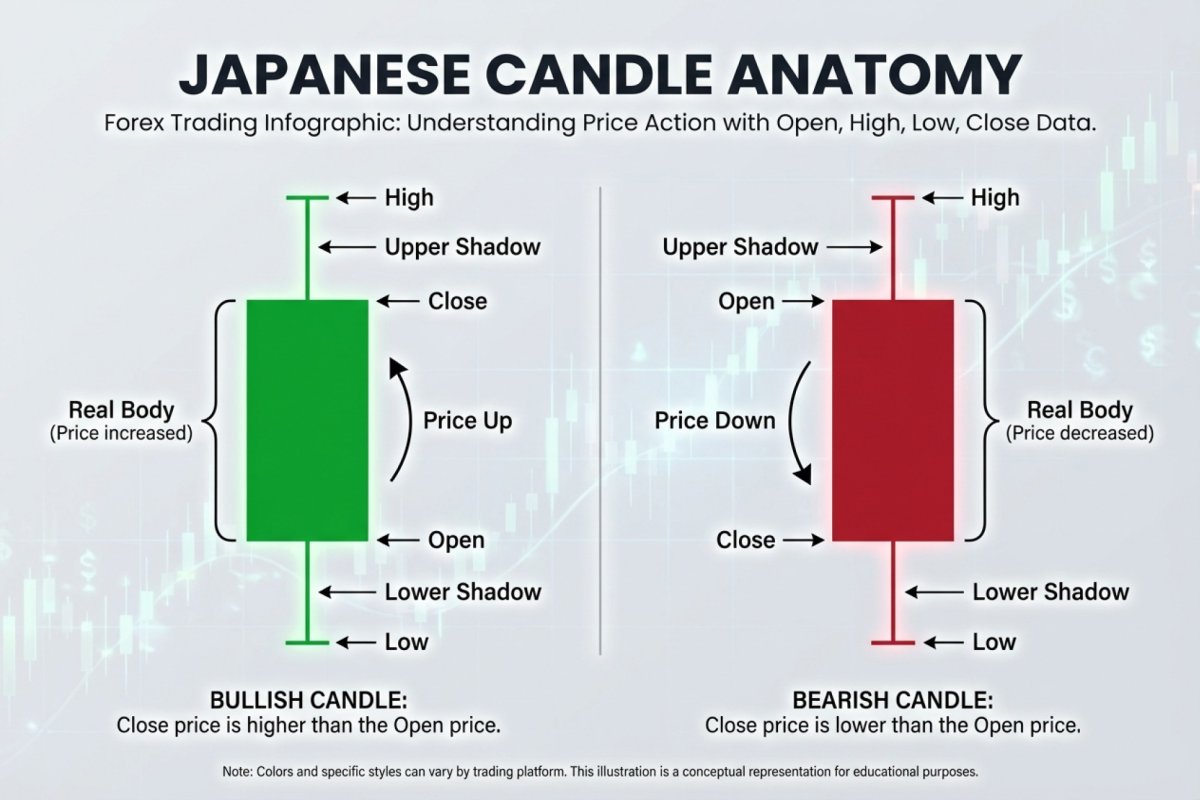 Anatomía de una vela japonesa – cuerpo, sombra superior e inferior, Apertura, Máximo, Mínimo, Cierre en una vela alcista y bajista con etiquetas