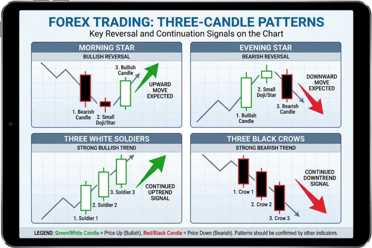 Patrones de tres velas – estrella de la mañana, estrella de la noche, tres soldados blancos y tres cuervos negros en un gráfico