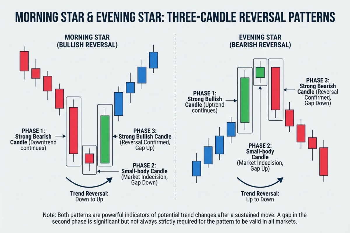 Estrella de la mañana y estrella de la noche – patrón de reversión de tres velas con las tres fases marcadas