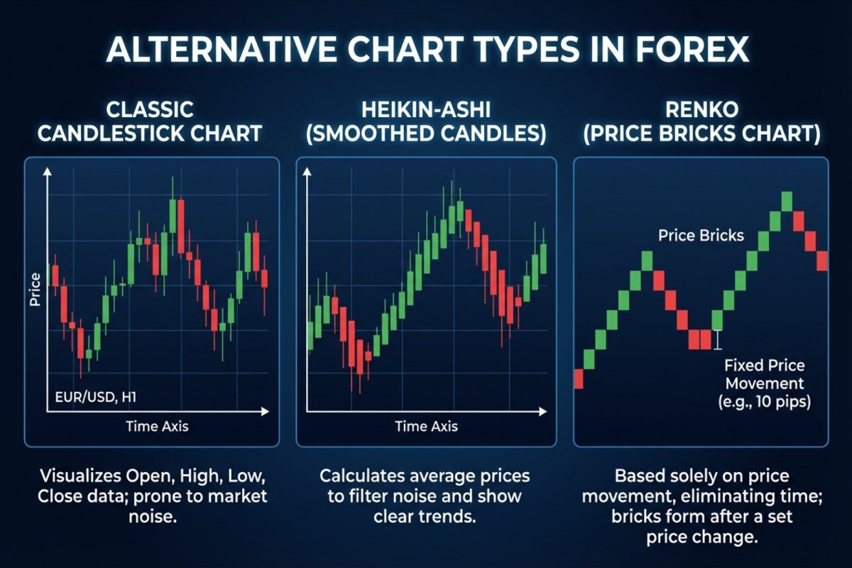 Alternative Charttypen im Forex – Heikin-Ashi mit geglätteten Kerzen und Renko mit Kursziegeln im Vergleich zum klassischen Kerzenchart