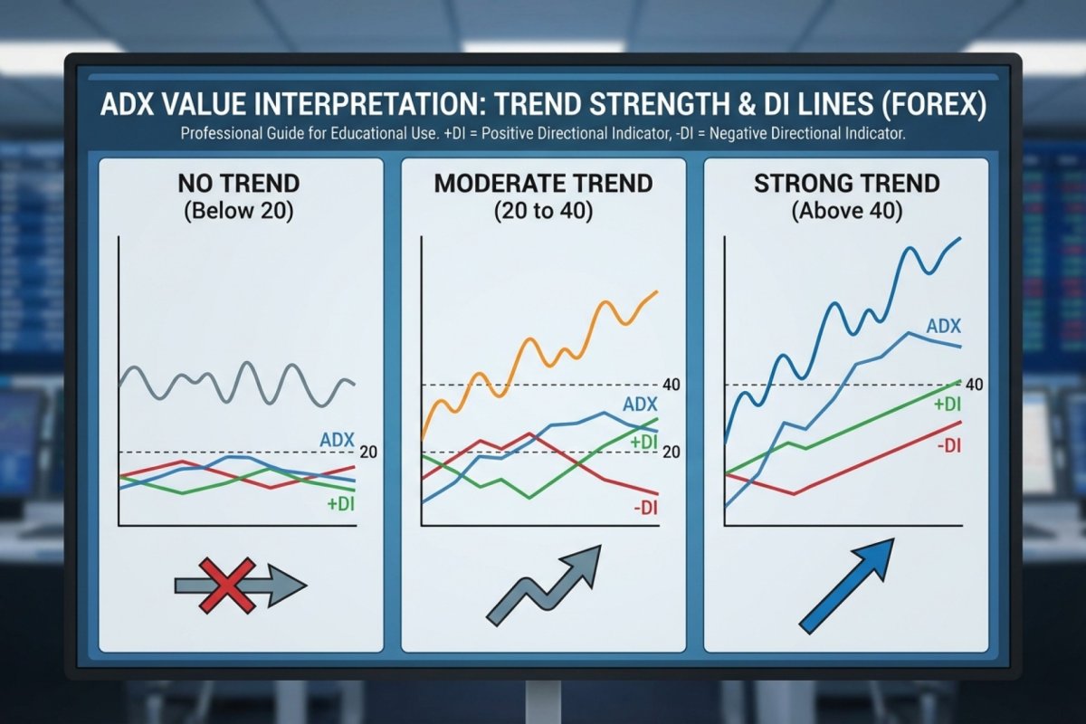 ADX-Wertinterpretation – unter 20 kein Trend, 20 bis 40 moderater Trend, über 40 starker Trend mit +DI- und -DI-Linien