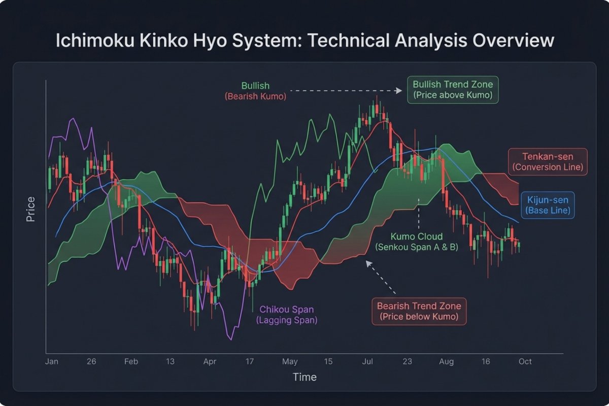 Ichimoku-Kinko-Hyo-System – Kumo-Wolke, Tenkan-sen- und Kijun-sen-Linien, Chikou Span auf einem Preischart mit Anmerkungen zu Trendzonen