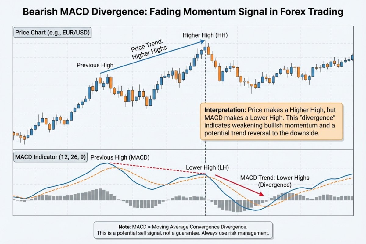 Bärische MACD-Divergenz – der Kurs steigt auf ein höheres Hoch, während der MACD keine Bestätigung liefert, was ein nachlassendes Momentum signalisiert