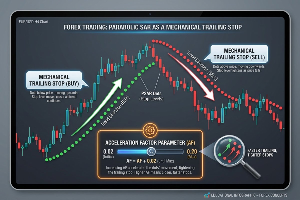 Parabolic SAR als mechanischer Trailing-Stop – Punkte über und unter dem Kurs, die sich in Trendrichtung mit dem Beschleunigungsfaktor beschleunigen