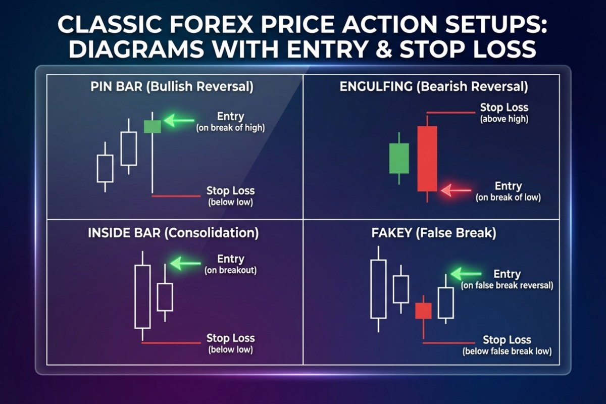 Fünf Price-Action-Setups: Pin Bar, Engulfing, Inside Bar, Outside Bar, Fakey – Diagramme mit der definierenden Bedingung und der Entkräftungsgrenze