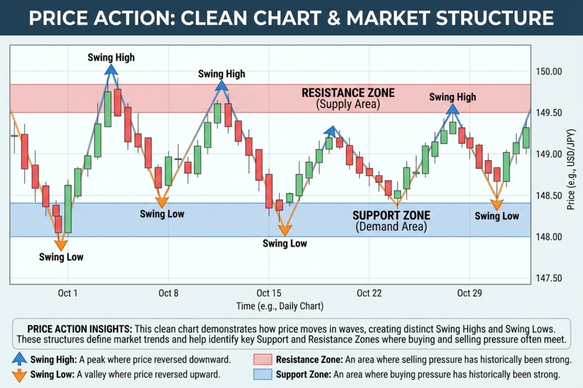 Price Action – ein sauberer Kurschart ohne technische Indikatoren, der nur japanische Kerzen, Swing-High/Low-Strukturen und S/R-Zonen zeigt