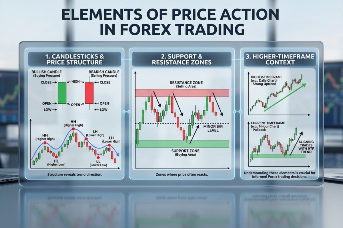 Elemente der Price Action – Kerzen, Kursstruktur (HH/HL/LH/LL), Unterstützungs- und Widerstandszonen sowie übergeordneter Zeitrahmen-Kontext