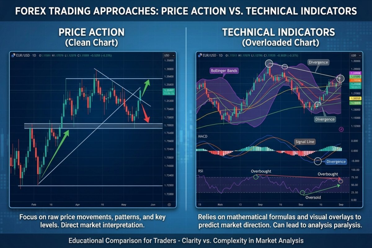 Price Action vs. technische Indikatoren – Vergleich eines sauberen Charts mit einem mit RSI, MACD und Bollinger Bands überladenen Chart