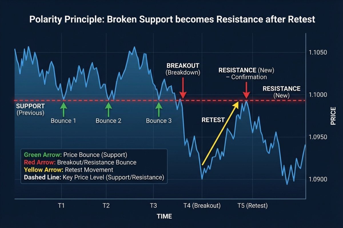 Principio de polaridad – el soporte roto se convierte en resistencia tras un retest, un diagrama que marca la ruptura y el retorno del precio a la zona