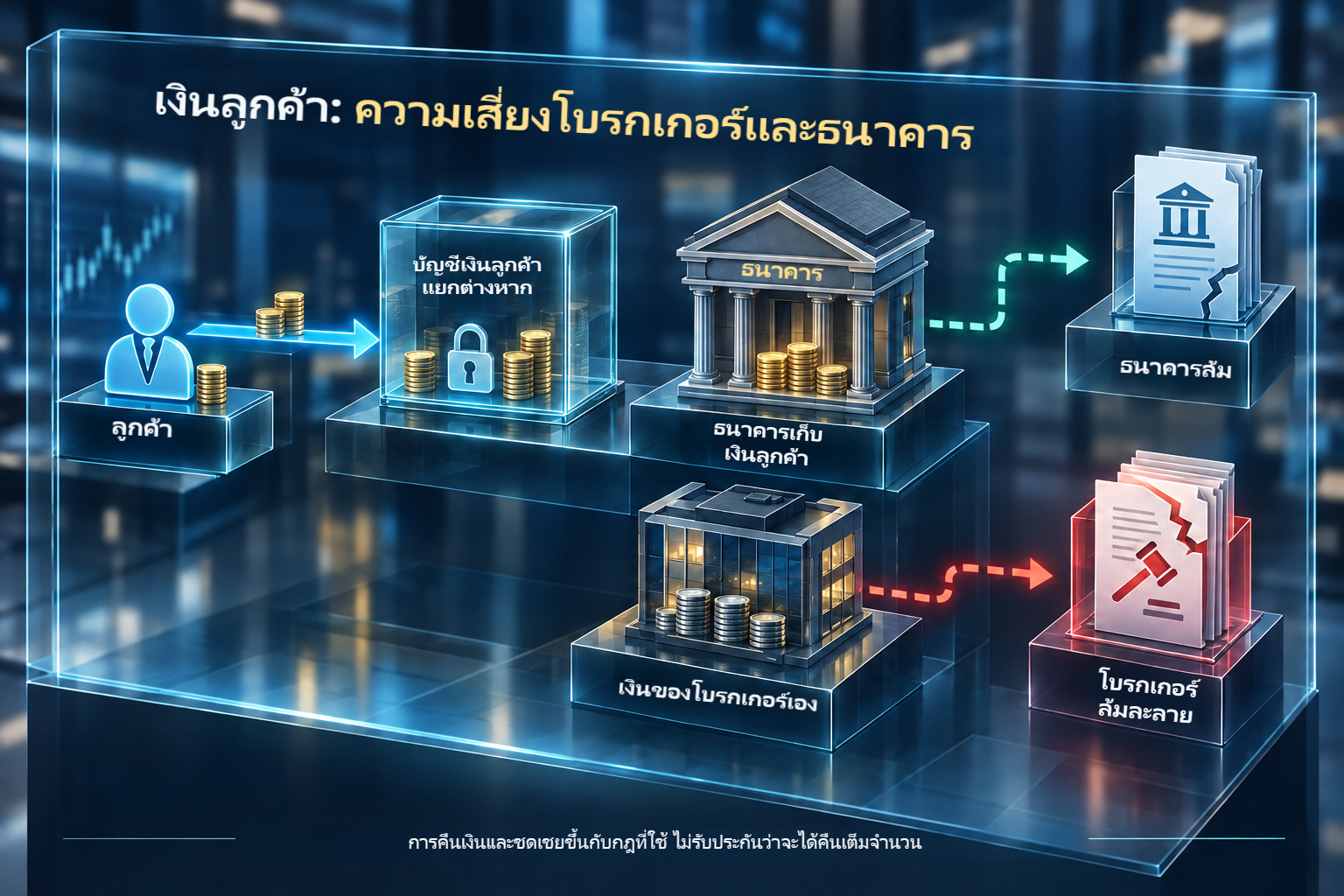 แผนภาพแยกเงินลูกค้าในบัญชีธนาคารที่รักษาไว้ ออกจากเงินของโบรกเกอร์เอง