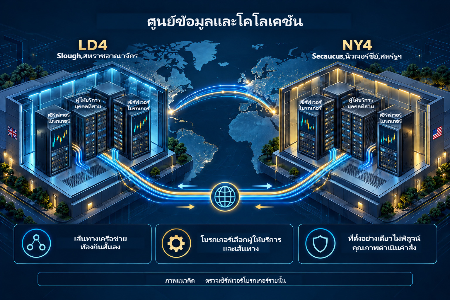 แผนภาพcolocation LD4ที่SloughและNY4ที่Secaucus พร้อมตู้เซิร์ฟเวอร์และcross connectท้องถิ่น