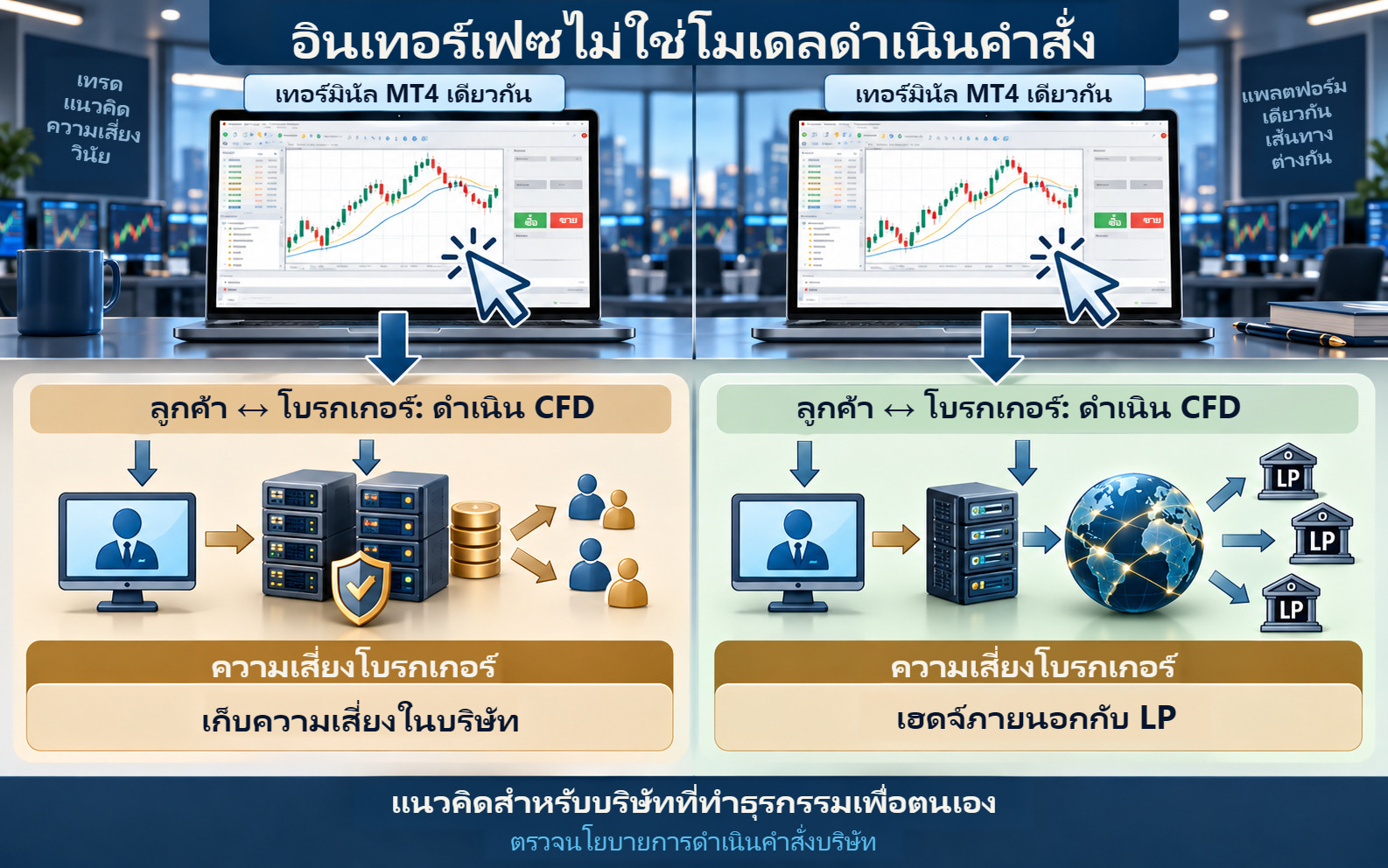 เทอร์มินัล MT4 เหมือนกันสองเครื่อง พร้อมชั้นแยกสำหรับดำเนิน CFD และจัดการความเสี่ยงโบรกเกอร์