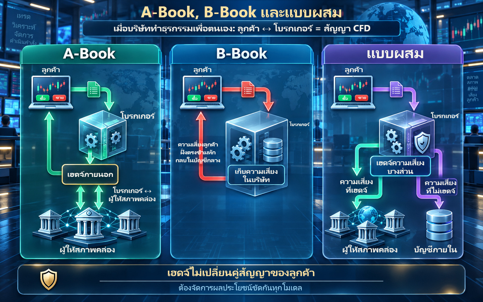 ลูกค้าทำ CFD กับโบรกเกอร์ ซึ่งอาจเก็บความเสี่ยง เฮดจ์ภายนอก หรือใช้ทั้งสองแนวทาง
