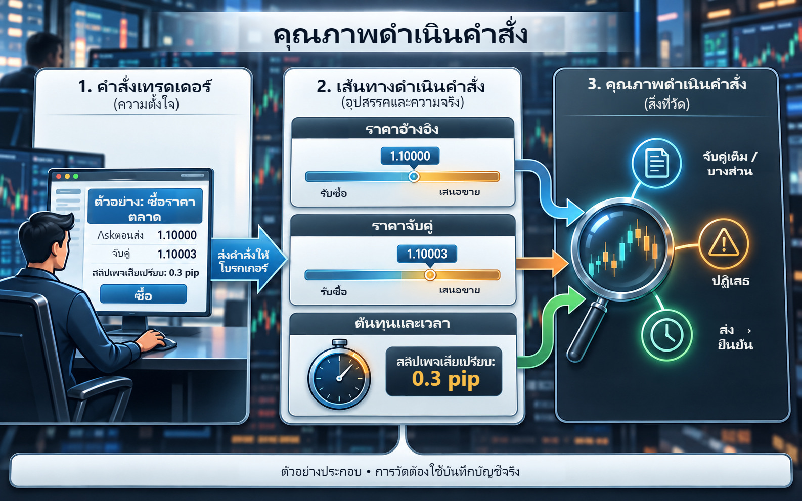 โต๊ะเทรดและตัวอย่างซื้อตลาด Ask 1.10000 จับคู่1.10003 สลิปเพจเสียเปรียบ0.3 pip