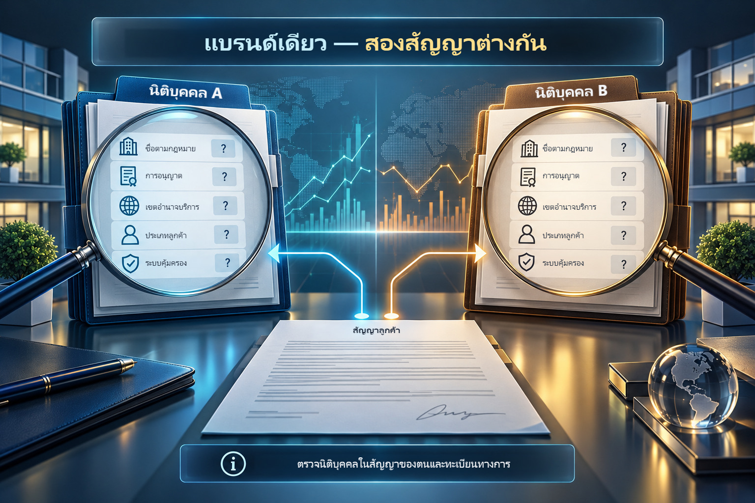 เอกสารสัญญาสองฉบับของนิติบุคคลในกลุ่มเดียวกัน เปรียบเทียบชื่อตามกฎหมาย การอนุญาต ฐานบริการ ประเภทลูกค้า และระบบชดเชย