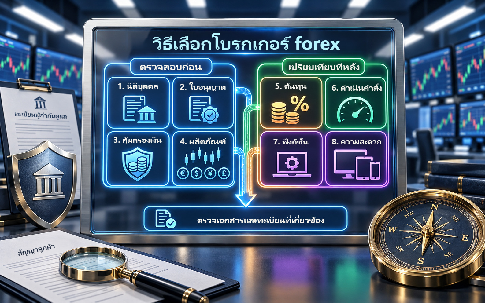 เข็มทิศ เอกสาร และการเลือกโบรกเกอร์แปดขั้น ตั้งแต่นิติบุคคลและใบอนุญาตถึงต้นทุนและฟังก์ชัน
