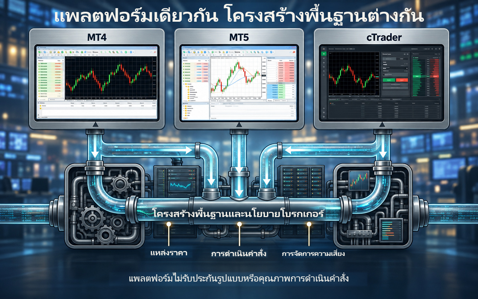 เทอร์มินัล MT4, MT5 และ cTrader เหนือโครงสร้างพื้นฐานด้านราคา การดำเนินคำสั่ง และจัดการความเสี่ยงของโบรกเกอร์