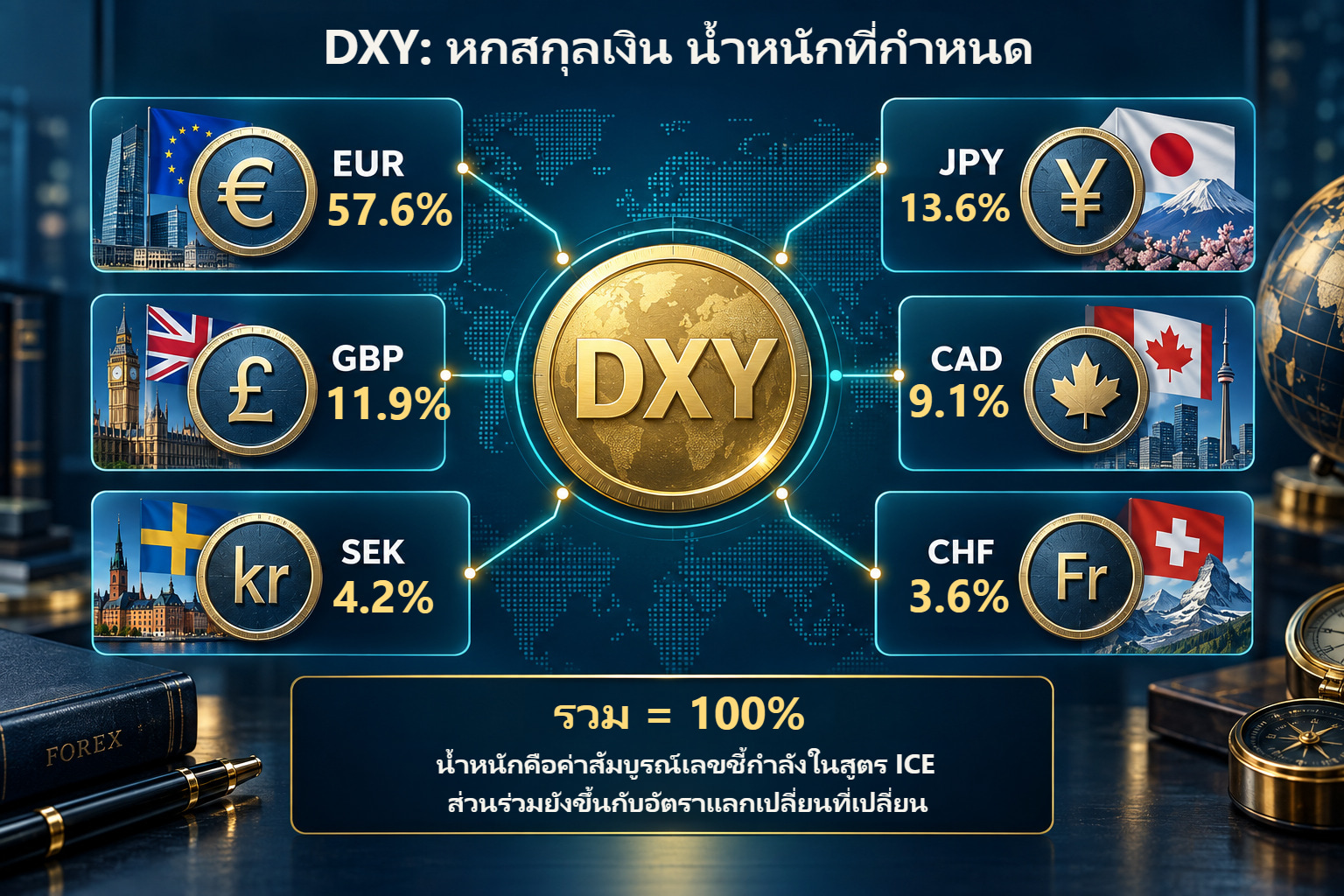 DXY: หกสกุลเงินและน้ำหนัก ICE