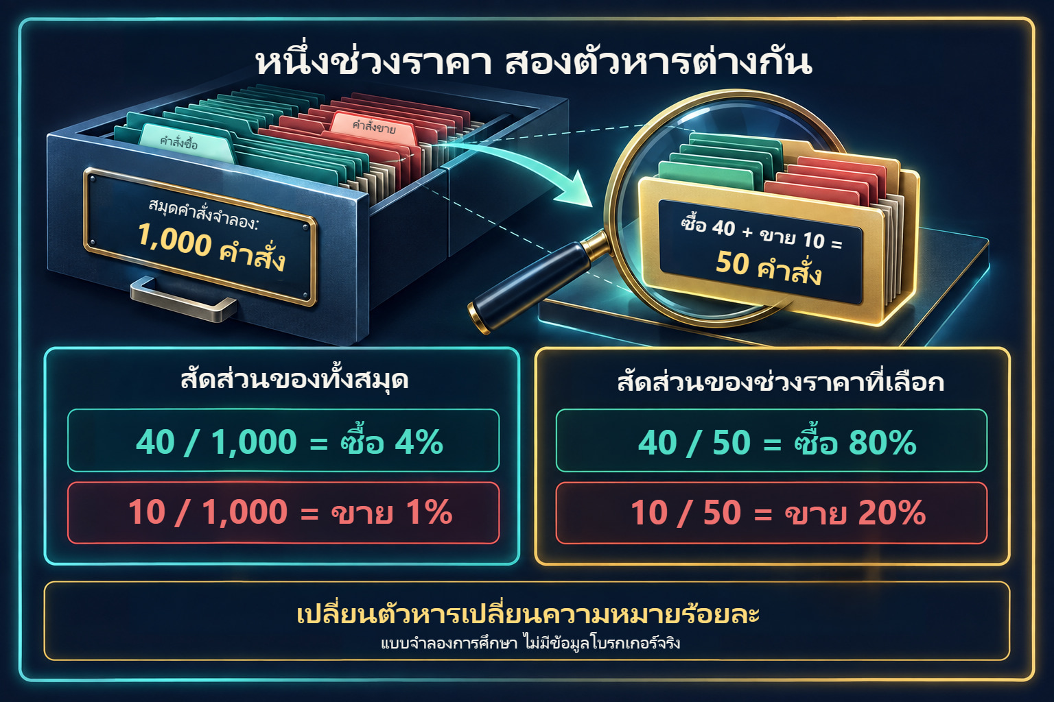 สมุดคำสั่ง: เปอร์เซ็นต์ทั้งตัวอย่างและช่วงราคาเดียว