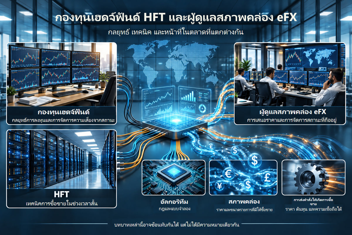 กลยุทธ์กองทุน เทคนิค HFT และบทบาทผู้ดูแลสภาพคล่อง. กลยุทธ์การลงทุน เทคนิค HFT และบทบาทผู้ดูแลสภาพคล่องเป็นแนวคิดแยกกัน ภาพนี้ไม่มีข้อมูลความหน่วงที่วัดจริง