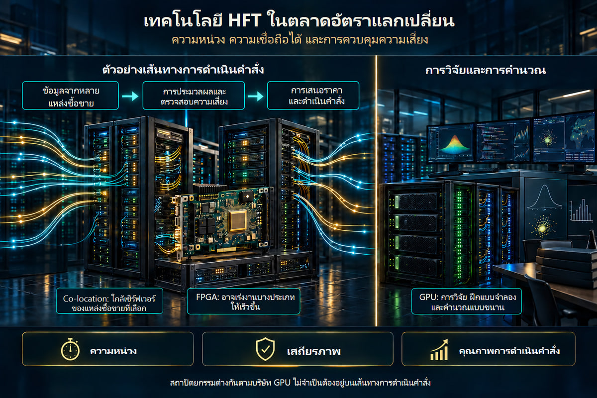 ตัวอย่างโครงสร้างพื้นฐาน HFT: co-location, FPGA และ GPU. สถาปัตยกรรมตัวอย่าง Co-location เกี่ยวข้องกับสถานที่ซื้อขายที่เลือก การใช้ FPGA และ GPU ขึ้นอยู่กับงานและบริษัท
