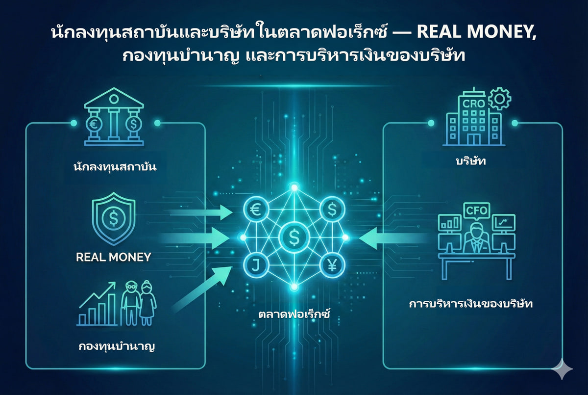 นักลงทุนสถาบันและบริษัทในตลาดสกุลเงิน. นักลงทุนและบริษัทใช้ FX เพื่อลงทุน จัดหาเงินทุน และป้องกันระดับการรับความเสี่ยง ภายใต้กรอบการลงทุนหรือหน้าที่ของตน