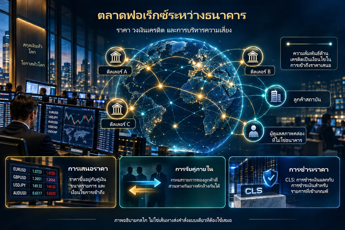 ดีลเลอร์ วงเงินเครดิต และกระบวนการชำระราคาที่แยกต่างหาก. การเสนอราคา การจัดการสถานะรับความเสี่ยง และการชำระราคาเป็นกระบวนการแยกกัน เครือข่ายนี้ใช้ประกอบคำอธิบาย