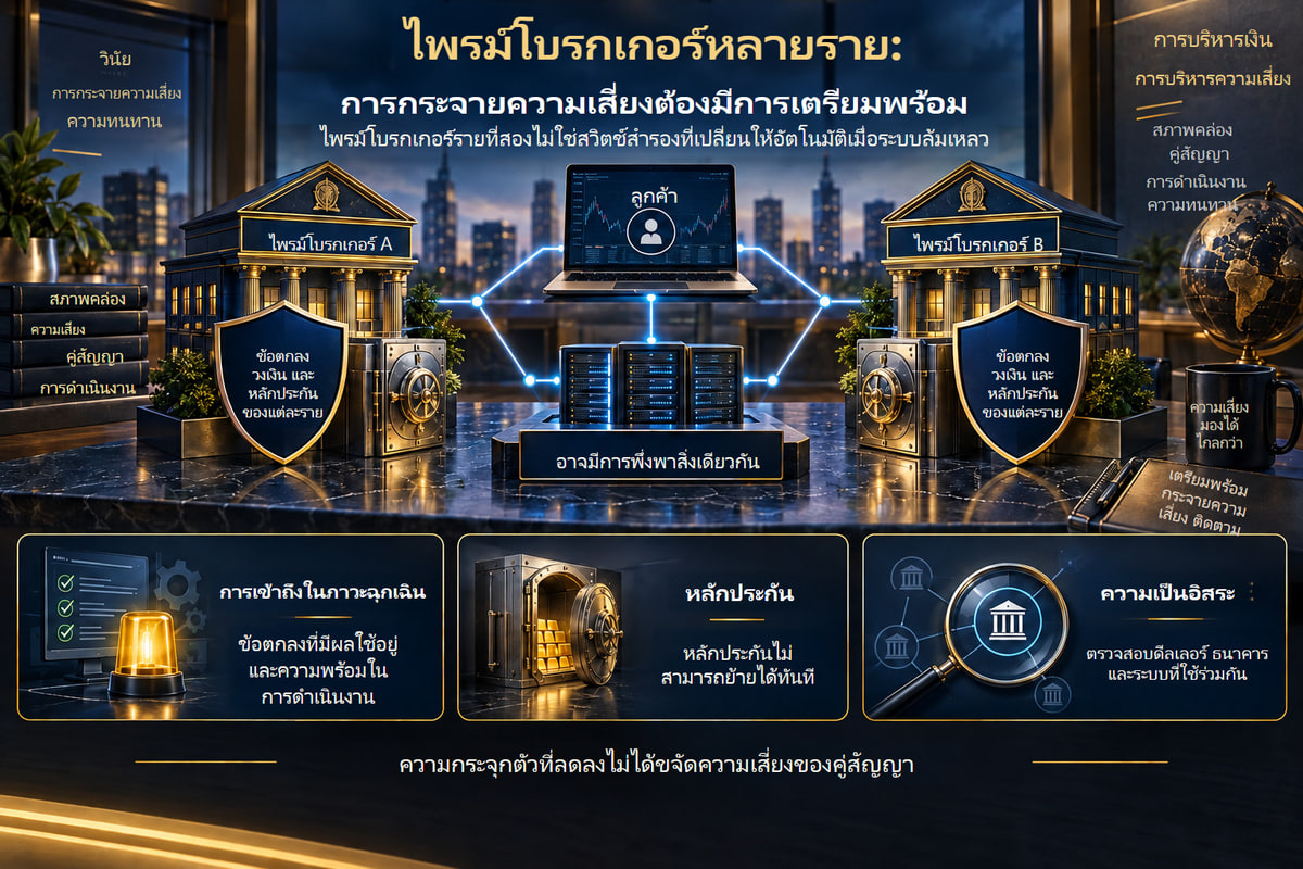 การกระจายไพรม์โบรกเกอร์และองค์ประกอบที่อาจพึ่งพาร่วมกัน. การกระจายต้องมีข้อตกลงที่ใช้งานอยู่ หลักประกันแยกต่างหาก และการประเมินองค์ประกอบที่พึ่งพาร่วมกัน
