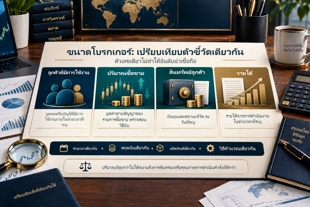 ตัววัดขนาดโบรกเกอร์: ขอบเขต ช่วงเวลา และวิธีวัด. ตัววัดขนาดอธิบายธุรกิจคนละด้าน การเปรียบเทียบต้องใช้ขอบเขต ช่วงเวลา และวิธีวัดที่สอดคล้องกัน