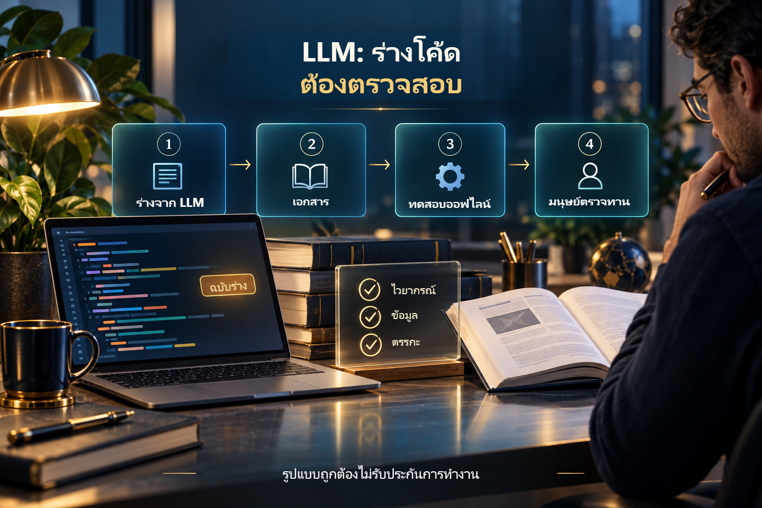 กระบวนการตรวจโค้ด LLM: ร่าง เอกสาร test ออฟไลน์ และคนทบทวน