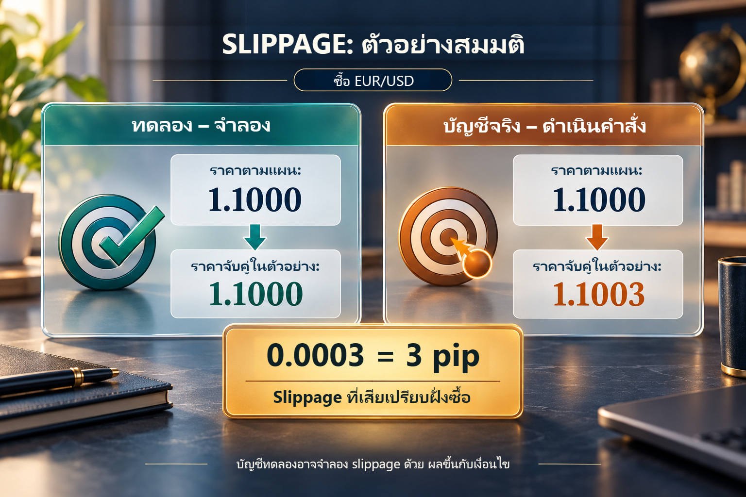 คำสั่งซื้อ EUR/USD สมมติ ราคาอ้างอิง 1.1000 และเติมจริง 1.1003 เท่ากับ slippage เสียเปรียบ 3 pip