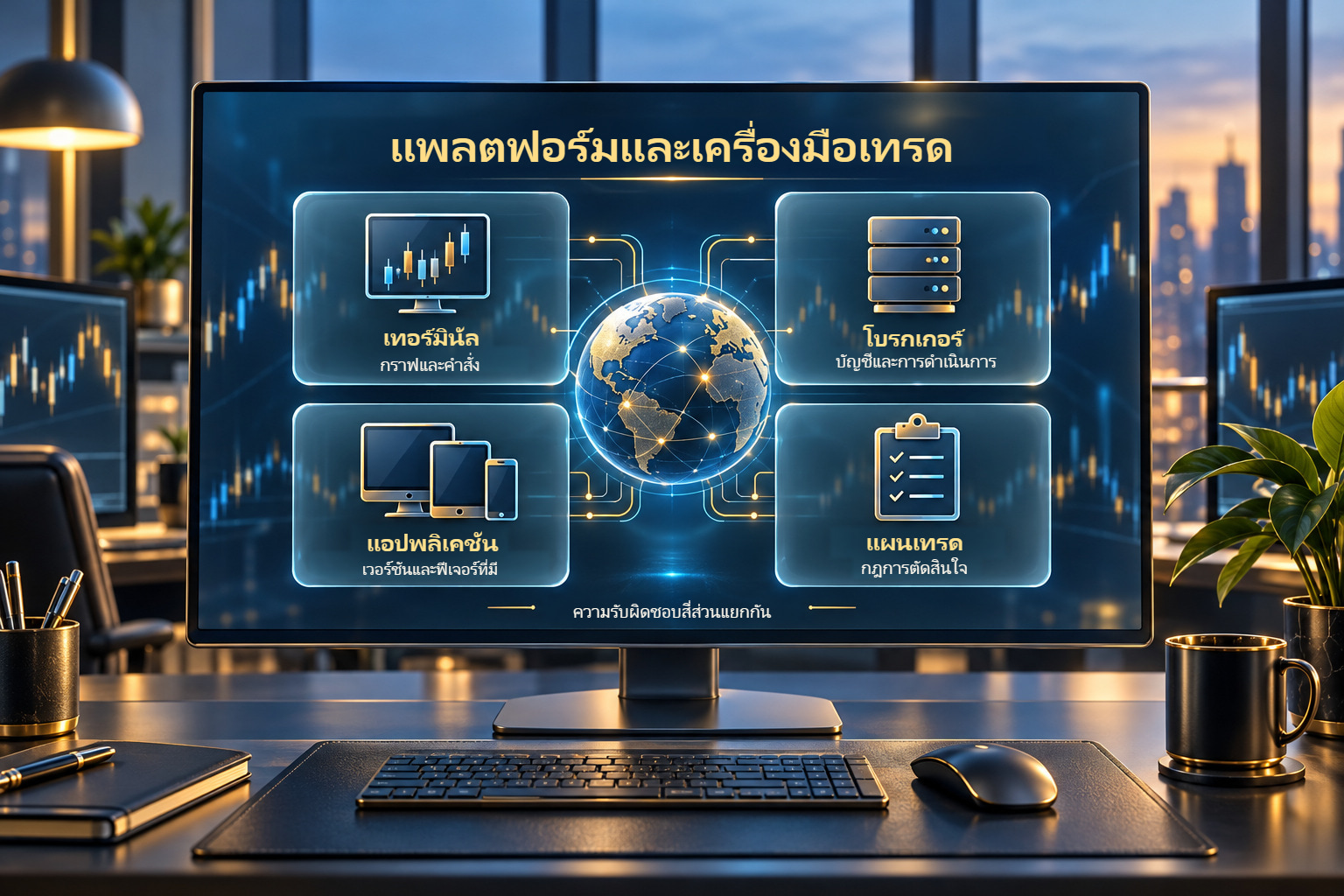 ภาพแนวคิดแสดงความรับผิดชอบสี่ส่วนในชุดเครื่องมือของเทรดเดอร์