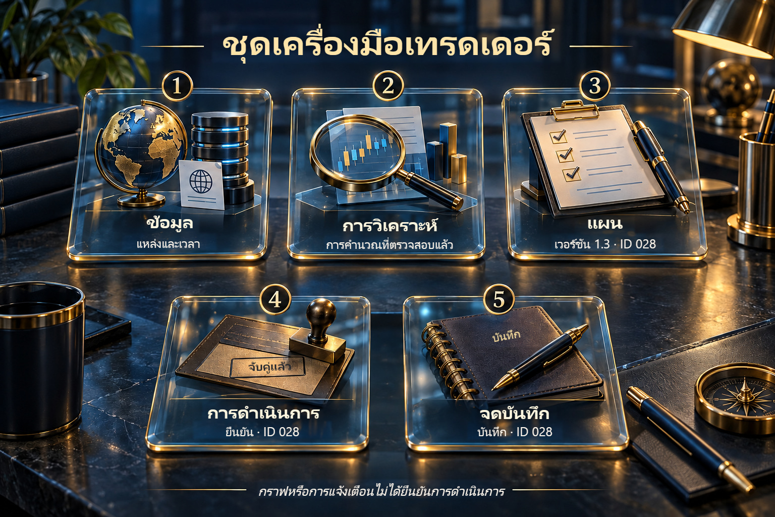 ภาพแนวคิดชุดเครื่องมือเทรด: ข้อมูล การวิเคราะห์ แผน การดำเนินการ และบันทึก เชื่อมด้วยรหัสการตัดสินใจเดียว