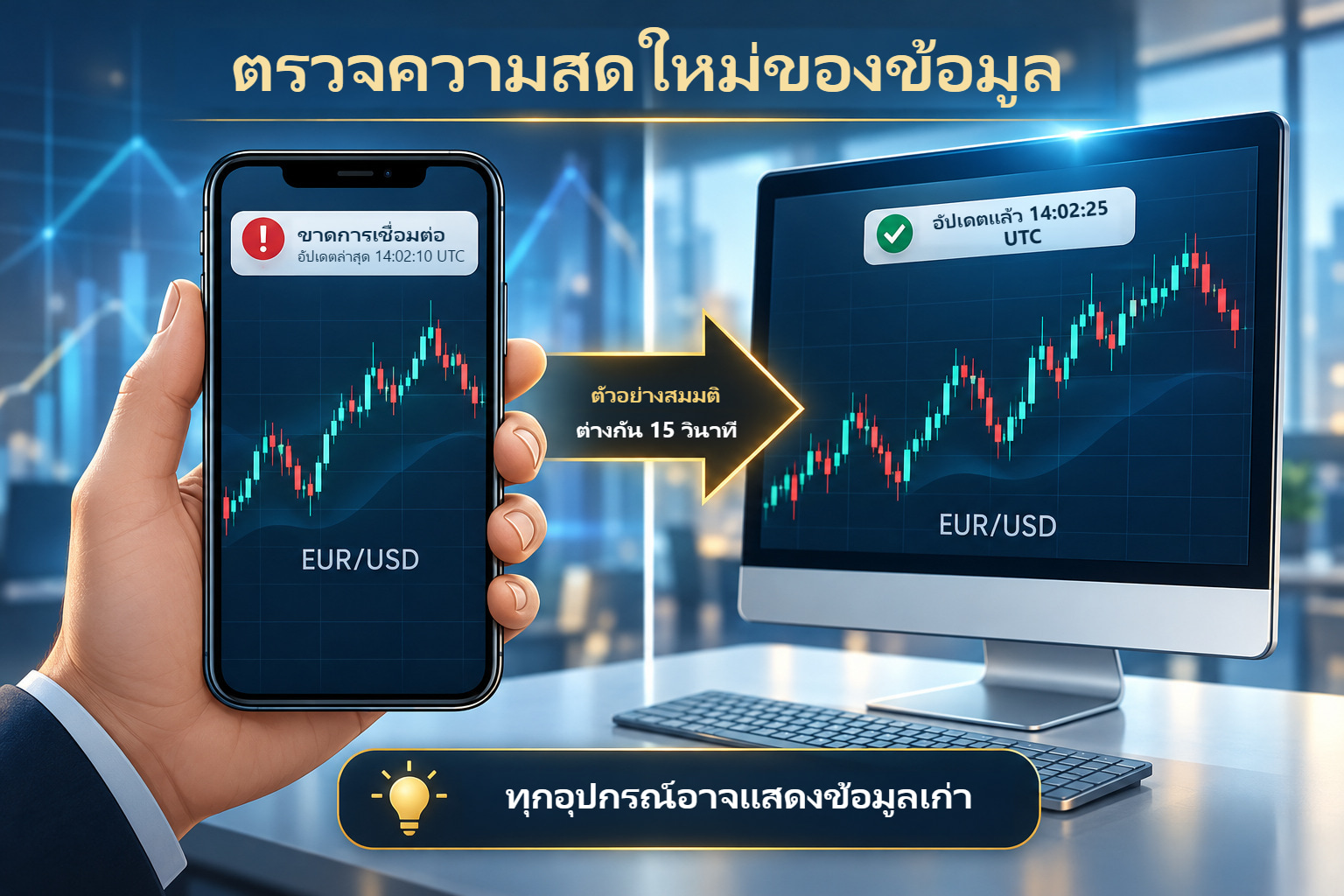 ภาพเปรียบเทียบราคาเก่าบนโทรศัพท์กับมุมมองบัญชีเดียวกันบนจอที่อัปเดตใหม่กว่า ราคาและเวลาสมมติ