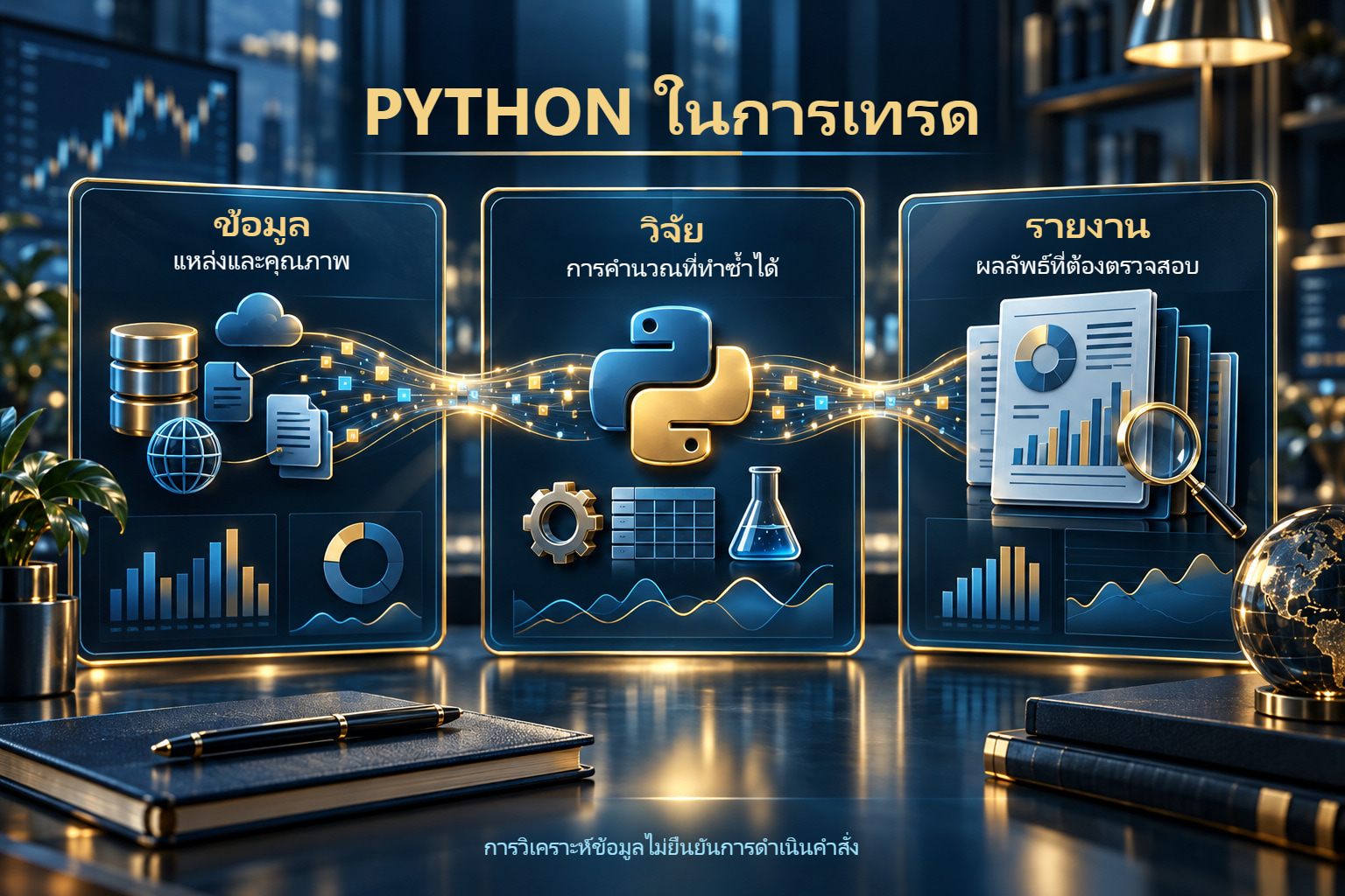 ภาพแนวคิดข้อมูลตลาด โค้ด Python และรายงานยืนยันผล