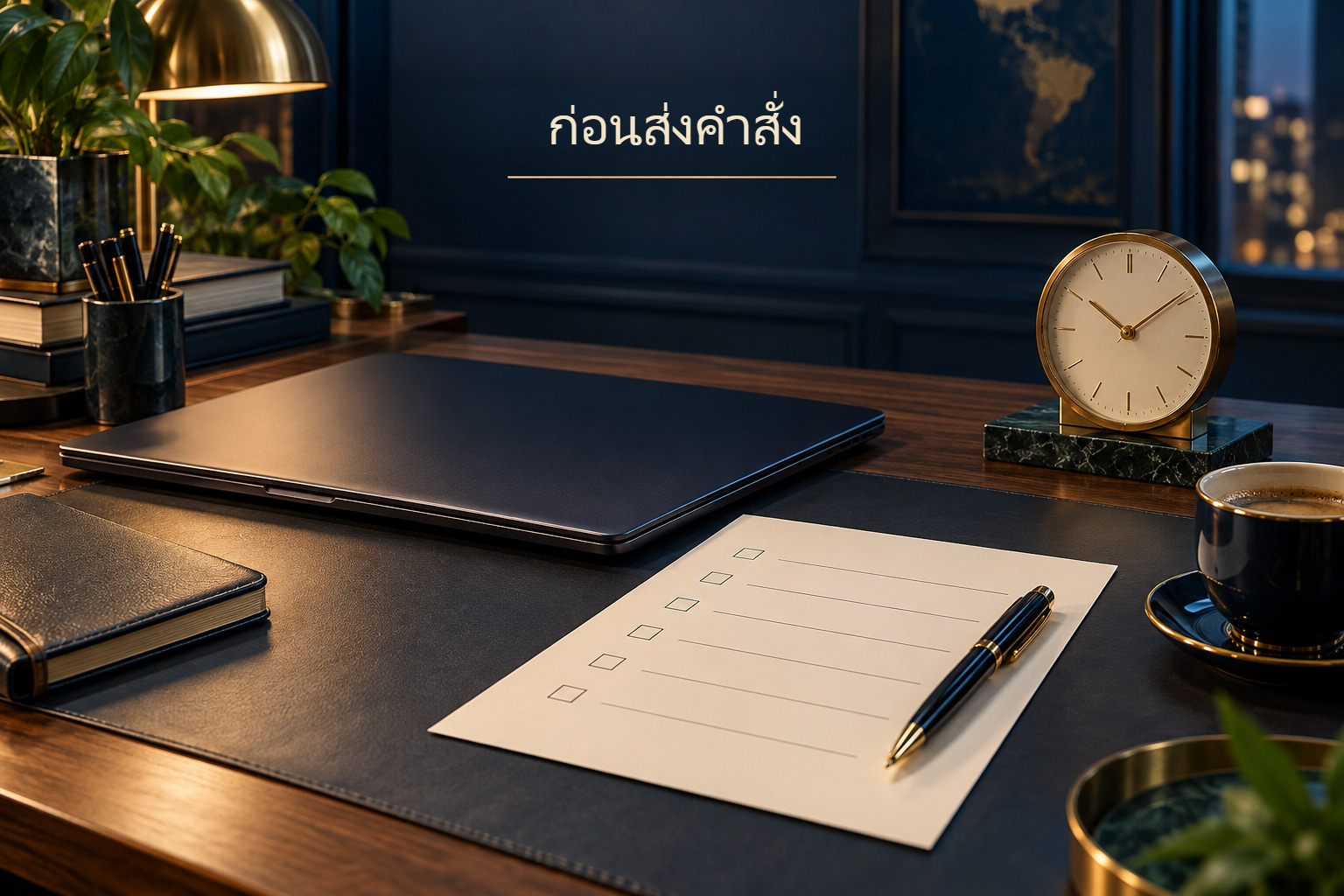 ภาพโต๊ะที่เป็นระเบียบ มีบัตรกระบวนการข้างหน้าจอ แสดงการเตรียมตัวก่อนส่งคำสั่ง