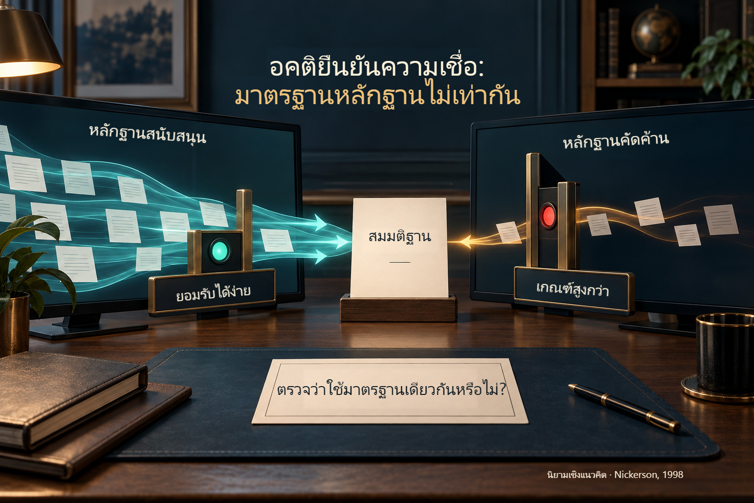 แผนภาพอคติยืนยันความเชื่อ: รับหลักฐานสนับสนุนง่ายกว่าหลักฐานคัดค้านสมมติฐานเดียวกัน ตรวจว่าใช้มาตรฐานคุณภาพเดียวกันหรือไม่