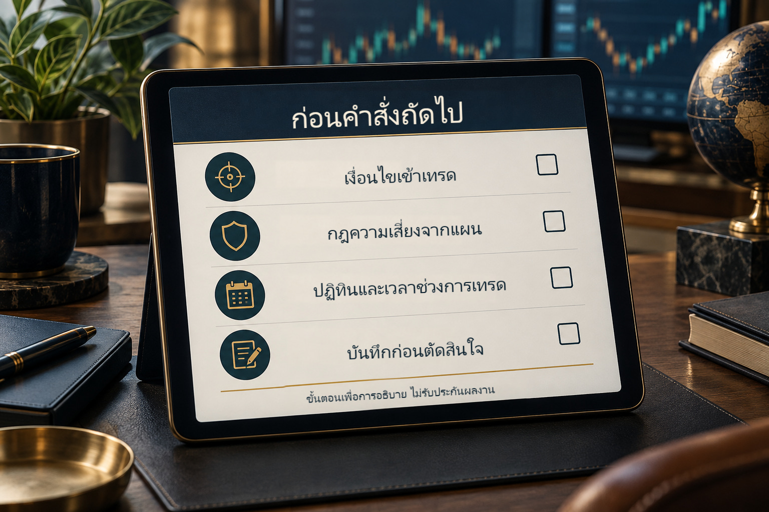 ตัวอย่างบัตรก่อนส่งคำสั่ง: เงื่อนไขเข้า กฎความเสี่ยงจากแผน ปฏิทินและเวลา และบันทึกก่อนตัดสินใจ