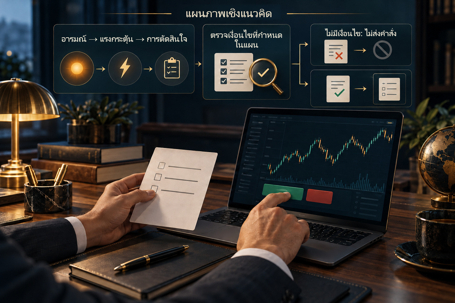 แผนภาพอารมณ์–แรงกระตุ้น–การตัดสินใจ โดยมีจุดตรวจสอบเงื่อนไขตามแผนก่อนส่งคำสั่ง