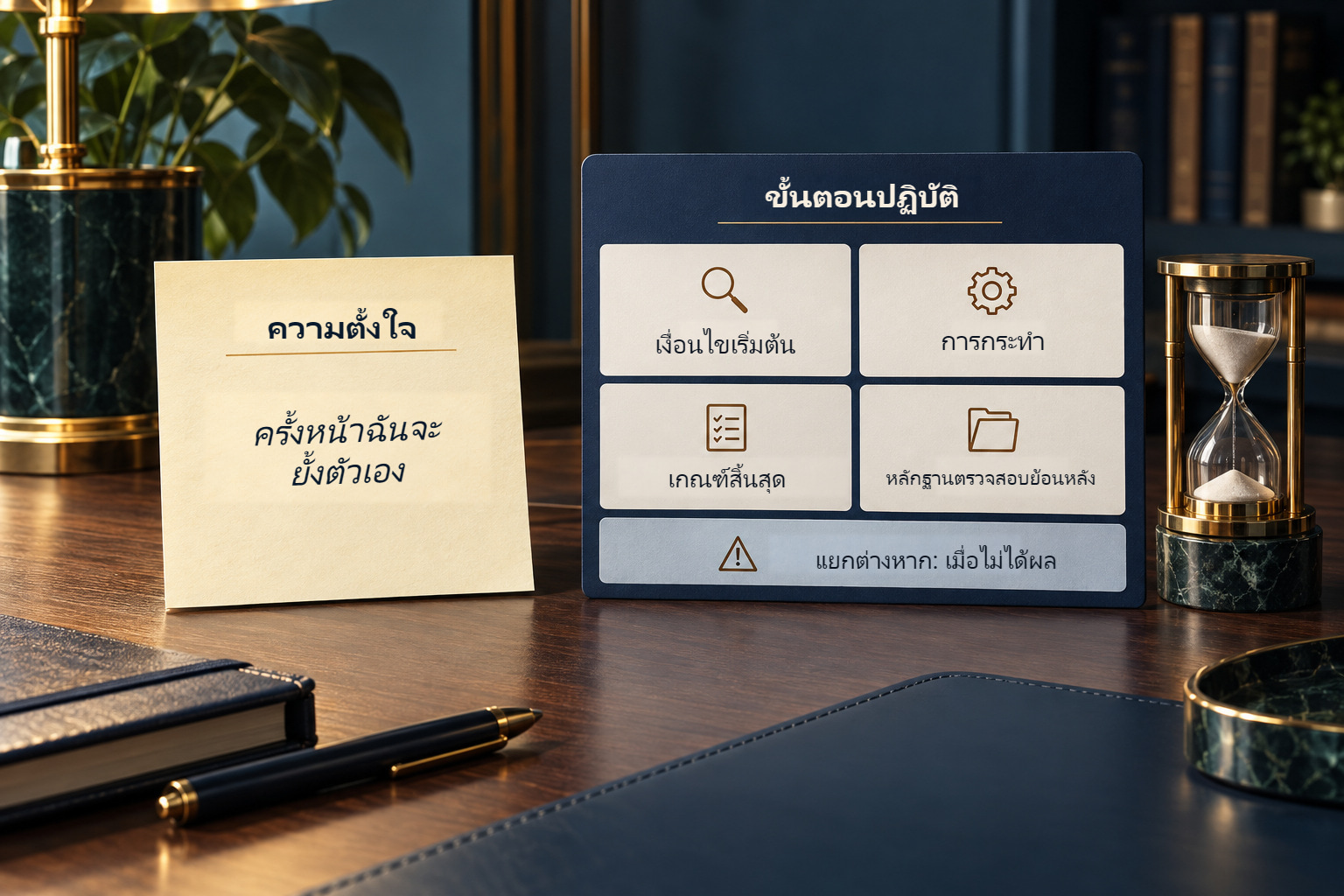 เปรียบเทียบความตั้งใจทั่วไปกับขั้นตอนปฏิบัติ: เงื่อนไขเริ่มต้น การกระทำ เกณฑ์สิ้นสุด และหลักฐานตรวจสอบย้อนหลัง โดยแสดงเกณฑ์บ่งชี้ว่าไม่ได้ผลแยกต่างหาก